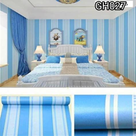 Jual Wallpaper Dinding Motif Salur Biru Stiker Dinding Hiasan Elegant