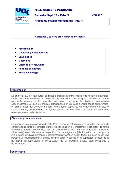 Pec Enunciado Pec Derecho Mercantil Derecho Mercantil I Uoc