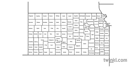 Kansas Map States Counties Black And White Rgb Illustration Twinkl