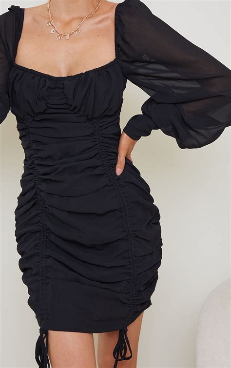 Robe Moulante En Mousseline De Soie Noir à Manches Longues Prettylittlething Fr