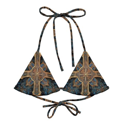 Bandana Cross Rococo Art Cobalt Blue Beige String Bikini Top Beachgoers Poolside Resort Spa