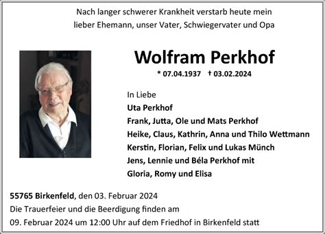 Traueranzeigen Von Wolfram Perkhof Rz Trauer De