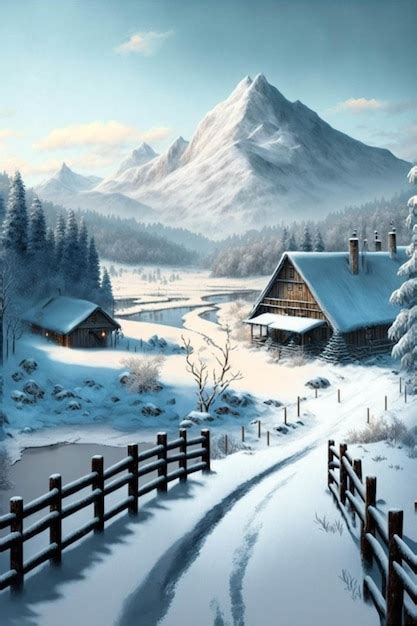 Premium Ai Image Painting Of A Snowy Landscape With A Mountain In The