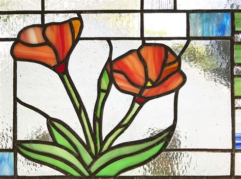 Stained Glass Window Panelcalifornia Poppies Geo Horizontal Etsy