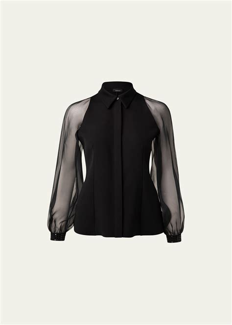 Akris Sequin-Cuff Sheer-Sleeve Silk Crepe Blouse - Bergdorf Goodman