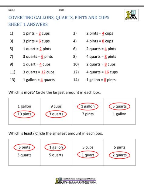 Free Math Sheets Converting Customary Units