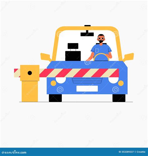 Man in Car Approaching Toll Barrier in Flat Vector Illustration