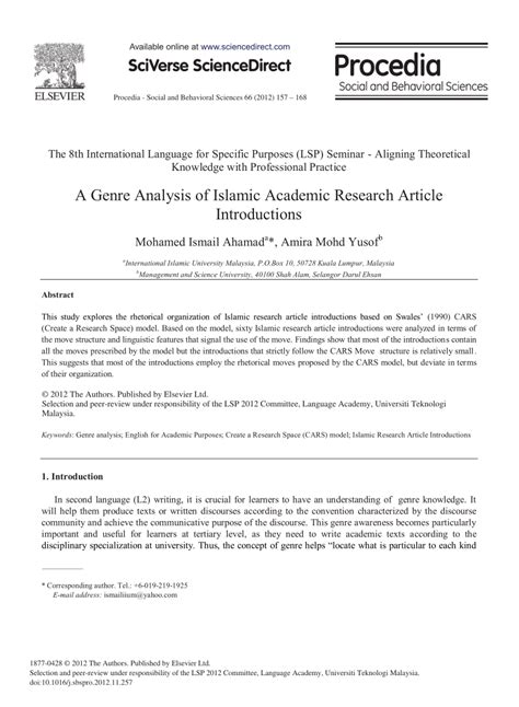 Pdf A Genre Analysis Of Islamic Academic Research Article Introductions