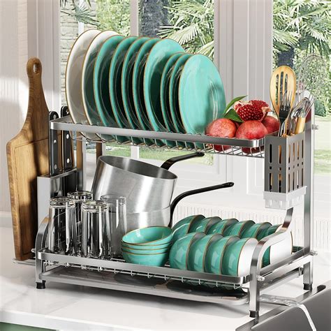 Majalis Stainless Steel Dish Drying Rack For Kitchen Counter 2 Tier Large Dish Racks With