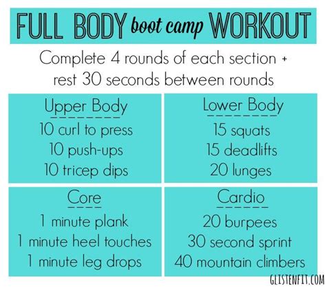 The Full Body Boot Camp Workout Is Shown In Blue And White With