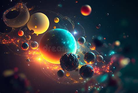 Paisaje Espacial Abstracto Con Planetas Y Destellos De Estrellas Y Cometas En Colores Azul Y