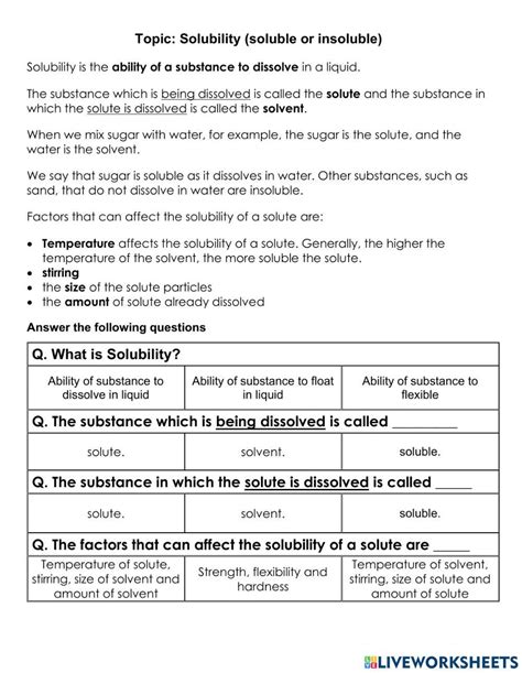 Topic Solubility Soluble Or Insoluble Online Exercise For Live