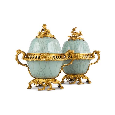 A Pair Of Gilt Bronze Mounted Celadon Porcelain Pots Pourris Vases The