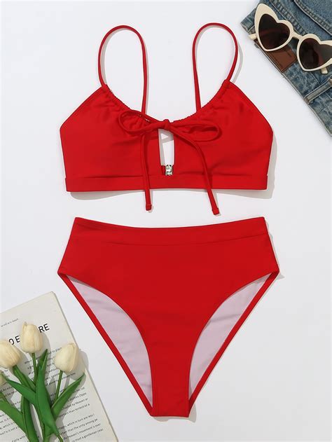 Shein Swim Basics Solid Bikini Set Tie Front Bra High Waisted Bottom