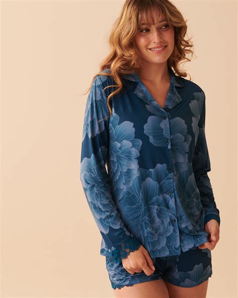 Recycled Fibers Lace Trim Button Down Shirt Midnight Peony La Vie