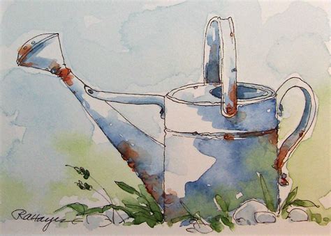 Old Metal Watering Can Watercolor Painting ACEO