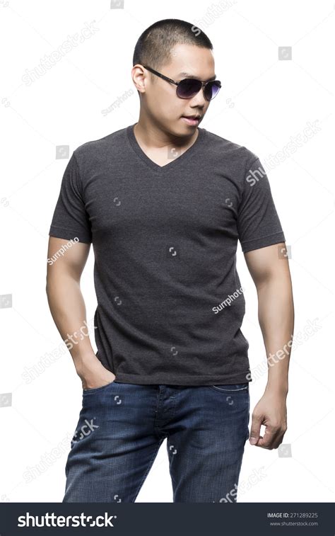 Dark Gray T Shirt On A Young Man Isolated On The White Background