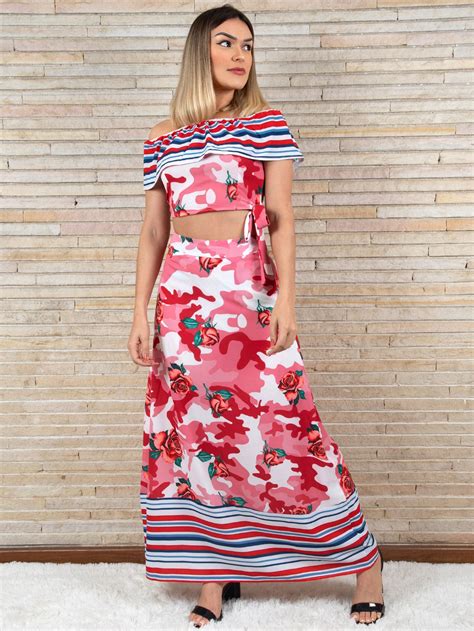 EMILI Roupas Femininas Conjunto Cropped E Saia Estampa Camuflada