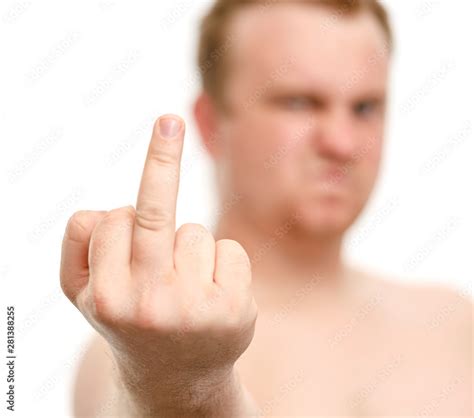 Aggressive Man With Blurred Face Showing Fuck Off Sign With The Middle Finger Isolated White