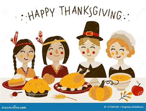 Thanksgiving Pilgrims With Blank Banner Vector Illustration | CartoonDealer.com #79348892