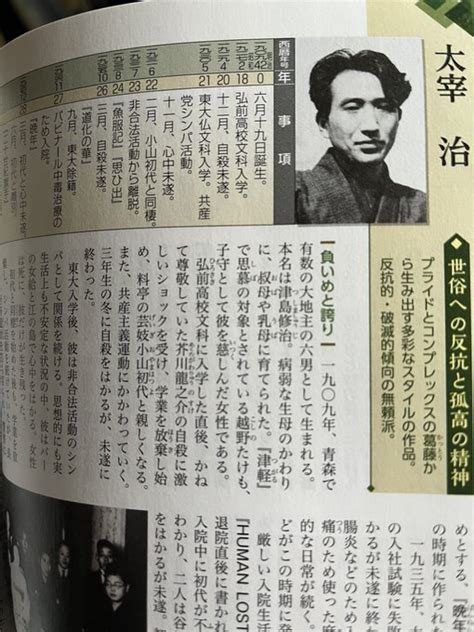 「国語の便覧。教科書の中でもかなりおもしろい部類に入ると思う。娘の高校の国語便覧読みだしたら止まらない。太宰治は自殺しまく」どんどこすすむ