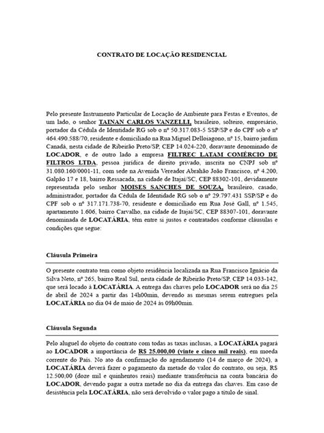 Contrato De LocaÇÃo De ResidÊncia Esboço Pdf Direito Comum