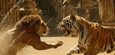 Premium Photo | Lion and tiger fight scene