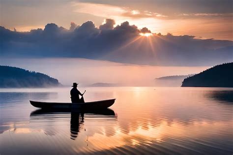 Un Hombre En Un Bote En Un Lago Al Atardecer Foto Premium