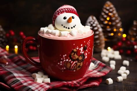 Mug With Hot Chocolate And Melted Marshmallow Snowman AI Generated Illustration Premium AI