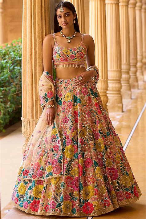 Multi Colored Floral Embroidered Bridal Lehenga Set By Seema Gujral At