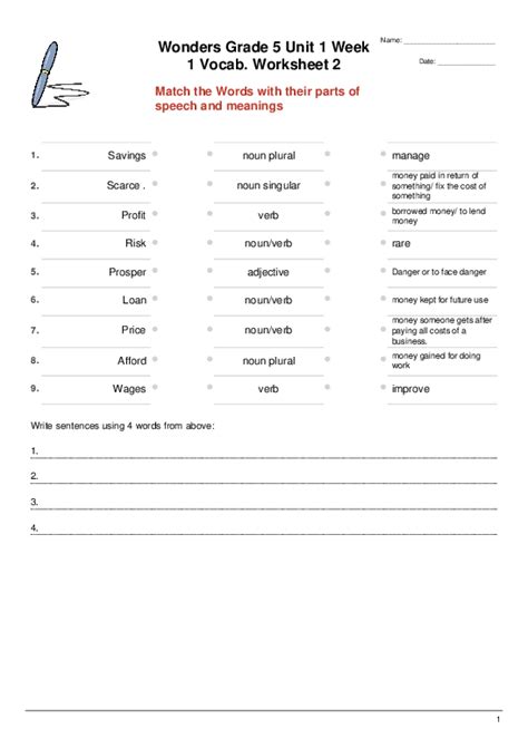 Wonders Grade Unit Week Vocab Worksheet Matching Triples