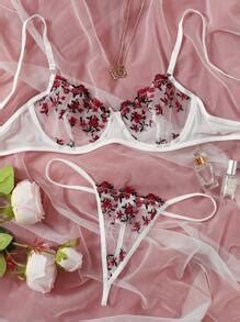 Floral Embroidered Mesh Underwire Lingerie Set SHEIN UK