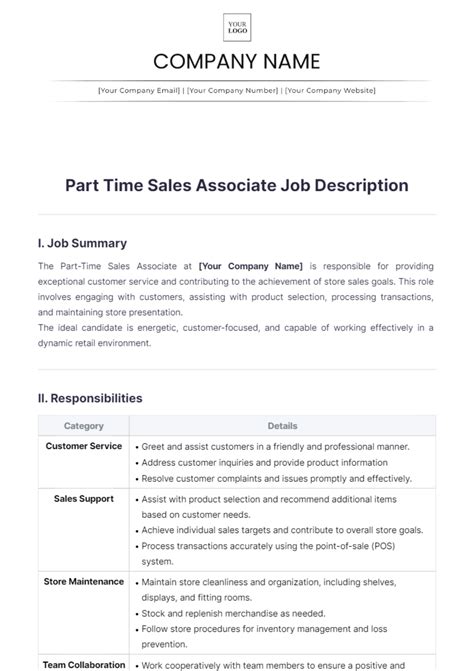 Free Part Time Sales Associate Job Description Template Edit Online And Download