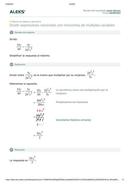 Dividir Expresiones Racionales Con Monomios De M Ltiples Variables