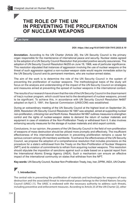 Pdf The Role Of The Un In Preventing The Proliferation Of Nuclear Weapons