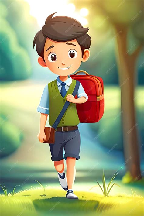 Premium AI Image | Cartoon boy goes to school wearing a bag on his shoulder