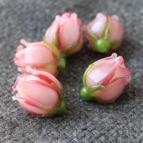 Handmade Flower Lampwork Beads Pink Rose Lampwork Glass