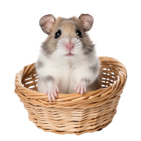 Cute Hamster Sitting In A Wicker Basket On Transparent Background