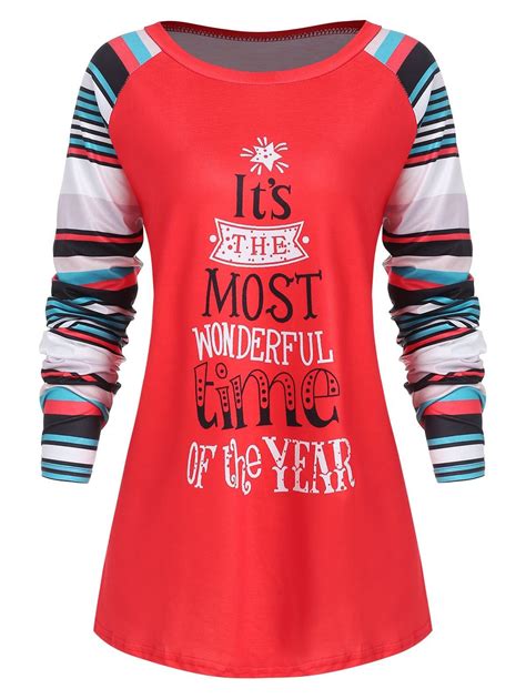 Striped Panel Sleeve Plus Size Christmas T Shirt Rosegal Christmas Special Sale Use Code Rgb