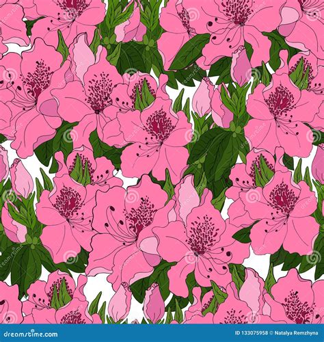 Seamless Pattern With Exotic Pink Azalea Flowers Stock Vector