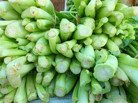 Bulk Of Raw Green Chinese Mustard Vegetables In Traditional Market