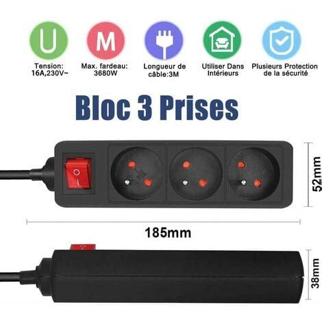 GABRIELLE Multiprise Monobloc 3 Prises 16A Avec Rallonge Interrupteur