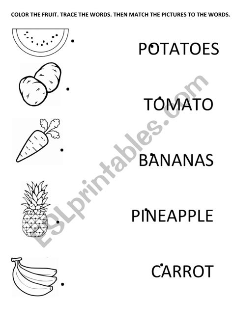 Fruit And Vegetables Tracing And Matching Esl Worksheet By Deborabender