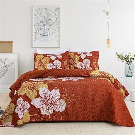 Djy Terracotta Quilt Set Queen Gold Floral Pattern Quilt Coverlet Set