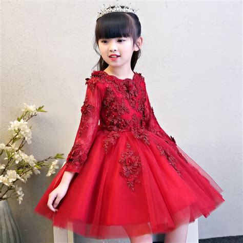 Wine Red Long Sleeve Flower Girl Dresses Wedding Ball Gown Appliques