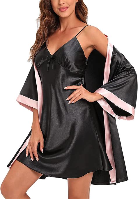 Escalier Womens Satin Pajamas Set Silky Robe With Sexy Slip Nightgown