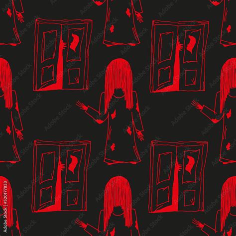 Scary Girl In Old Nightie With Long Black Hair And Open Door With