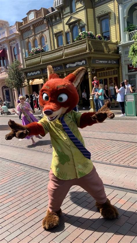 A Person Dressed As A Fox Standing In The Middle Of A Brick Road With