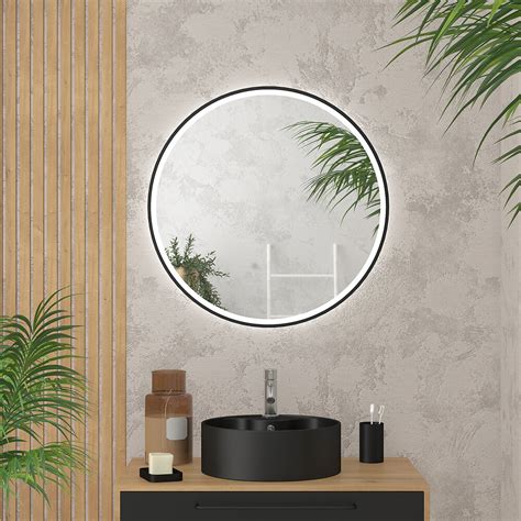 Miroir Salle De Bain Rond Avec Clairage Led Et Contour Noir Cm