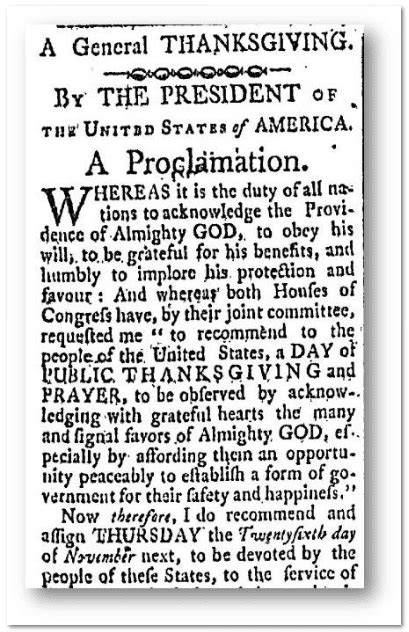 George Washington Proclaimed a Day of Thanksgiving 26 November 1789